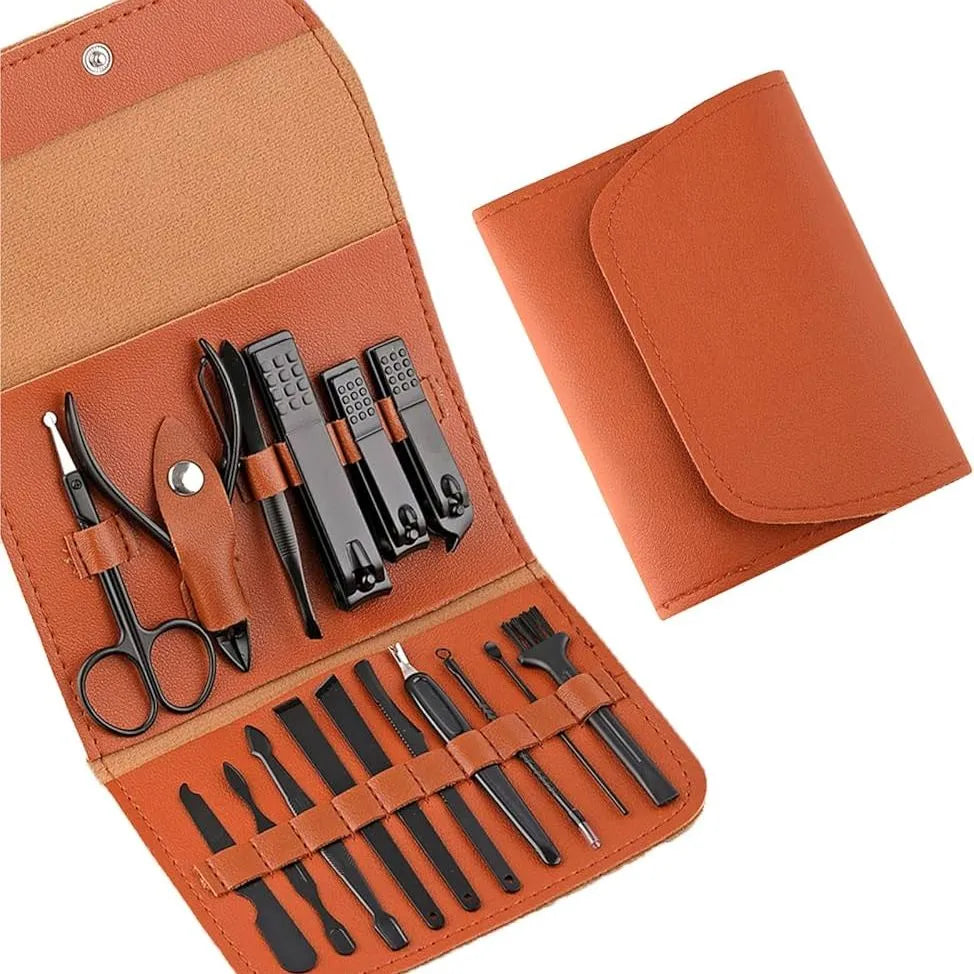 16 PCS Manicure Pedicure Set – Stainless Steel Nail Cutter Kit with Leather Travel Case | Nail Clippers, Scissors, Grooming Tools for Men & Women | Portable Beauty Care Gift Set